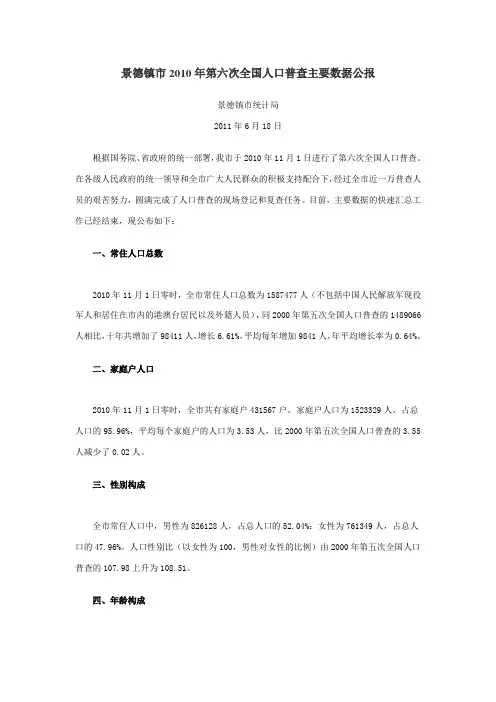 1402-江西省景德镇市2010年第六次全国人口普查主要数据公报