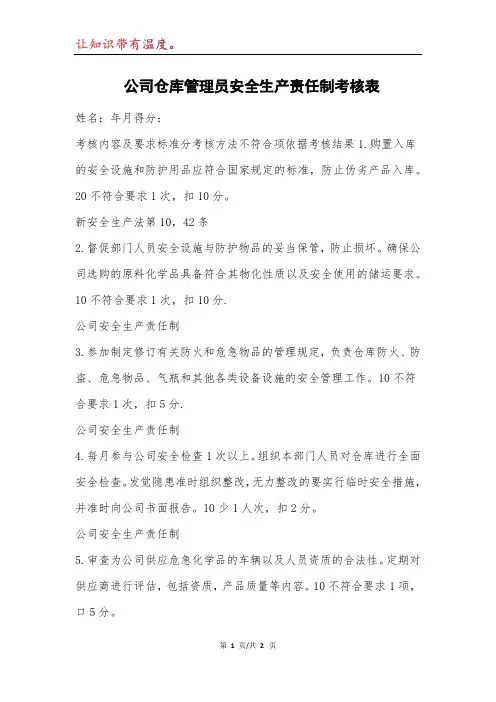 公司仓库管理员安全生产责任制考核表模本