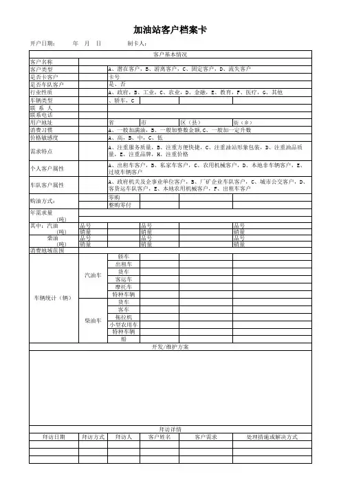 样表：加油站客户 档案卡