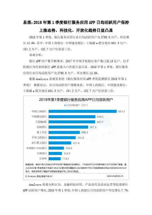易观：2018年第1季度银行服务应用APP日均活跃用户保持上涨态势,科技化、开放化趋势日益凸显