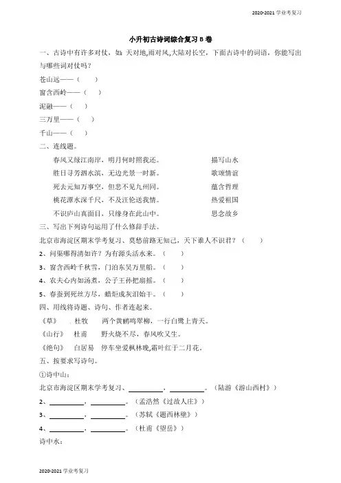 六年级下册语文小升初古诗词综合复习B卷 通用版(含答案)