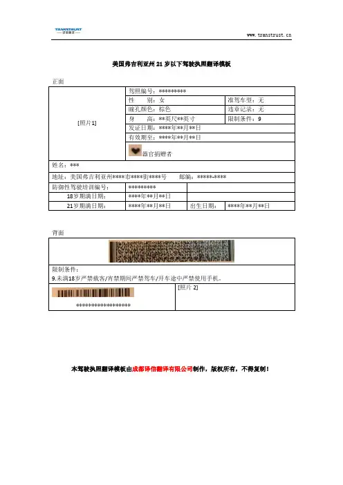 美国弗吉利亚州21岁以下驾驶执照翻译模板