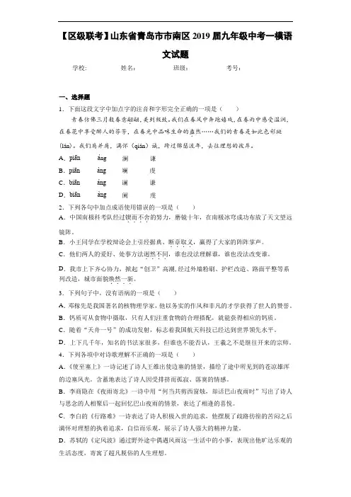 【区级联考】山东省青岛市市南区2019届九年级中考一模语文试题