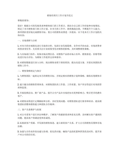 销售经理月工作计划书范文
