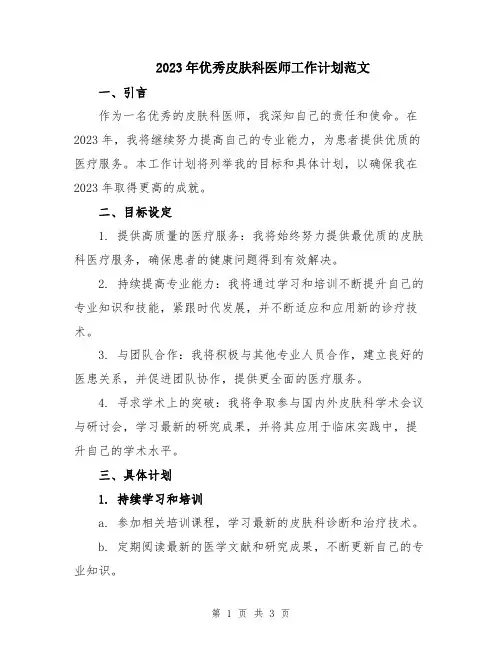 2023年优秀皮肤科医师工作计划范文