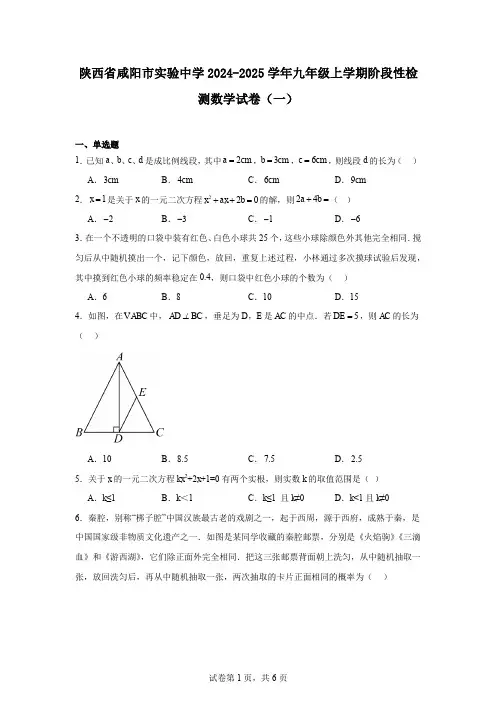 陕西省咸阳市实验中学2024-2025学年九年级上学期阶段性检测数学试卷(一)