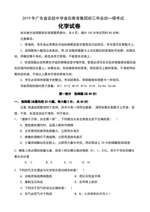 2019年广东省实验中学省实教育集团初三毕业班一模考试化学试卷及答案