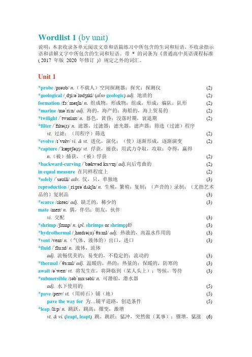 译林版高中英语扩展创新学程一词汇表