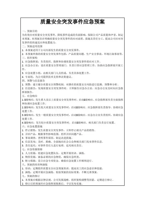 质量安全突发事件应急预案