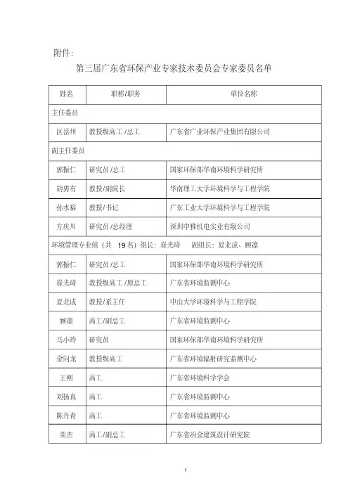 第三届广东省环保产业专家技术委员会专家委员名单