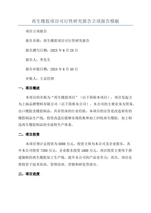再生橡胶项目可行性研究报告立项报告模板