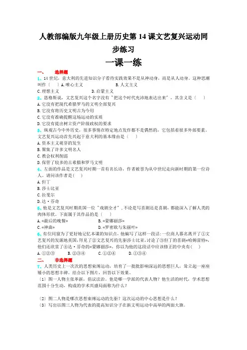 人教部编版九年级上册历史第14课文艺复兴运动同步练习
