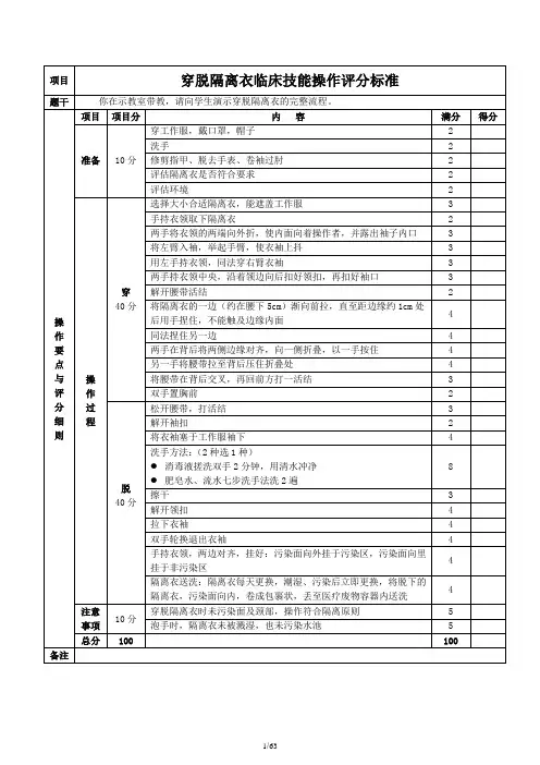 穿脱隔离衣临床技能操作评分标准