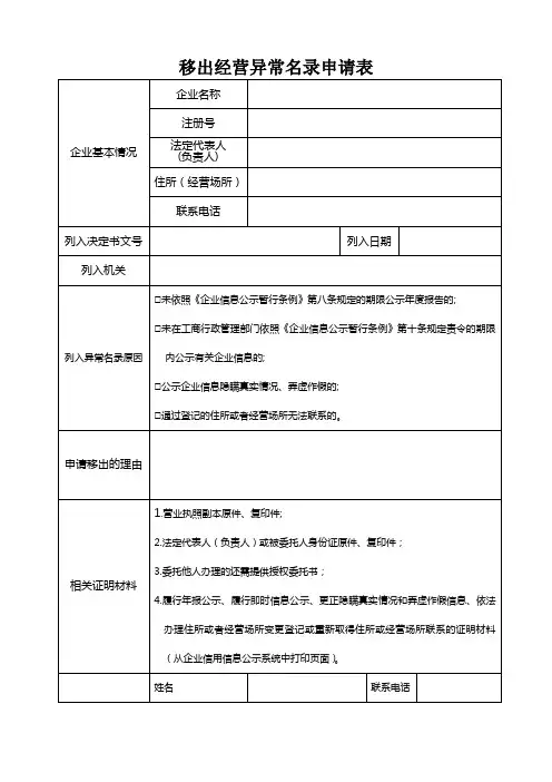 移出经营异常名录申请表