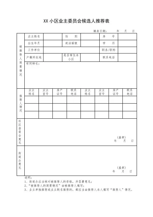 小区业主委员会候选人推荐表