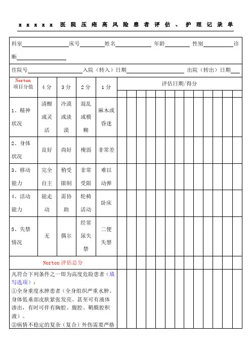 医院防跌倒压疮评估表格