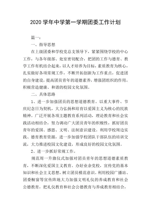 2020学年中学第一学期团委工作计划