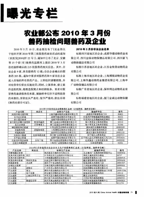 农业部公布2010年3月份兽药抽检问题兽药及企业