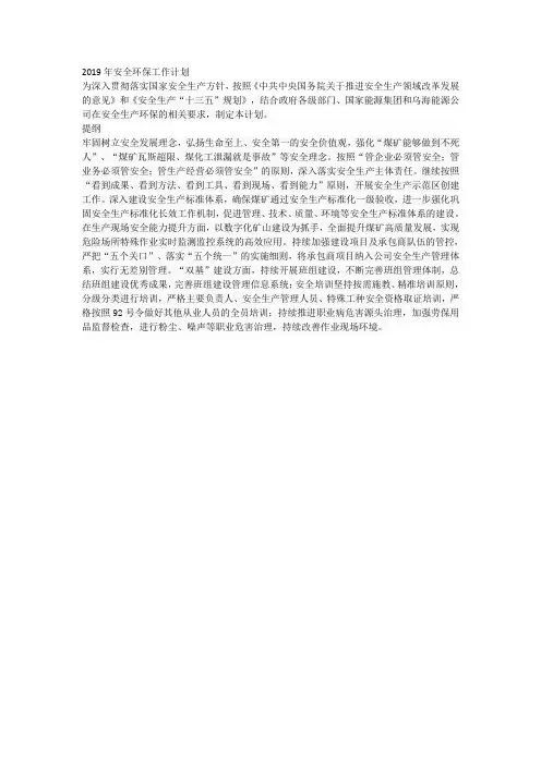 2019年安全环保工作计划