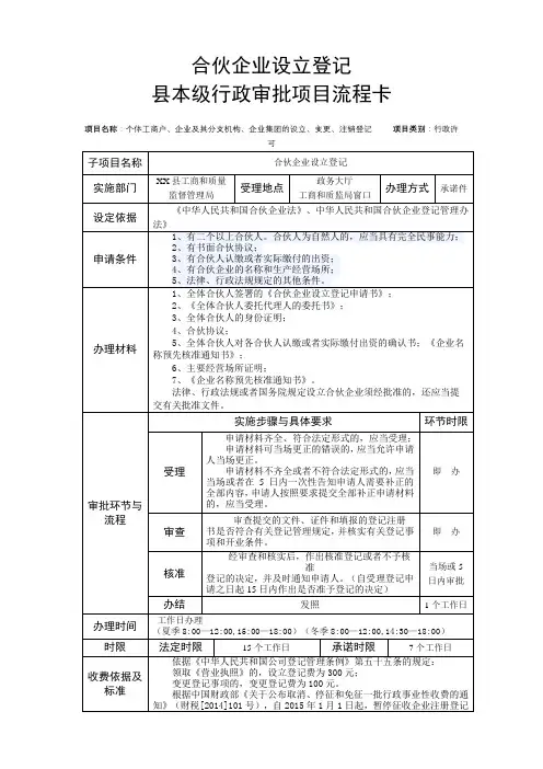 合伙企业设立登记县本级行政审批项目流程卡【模板】