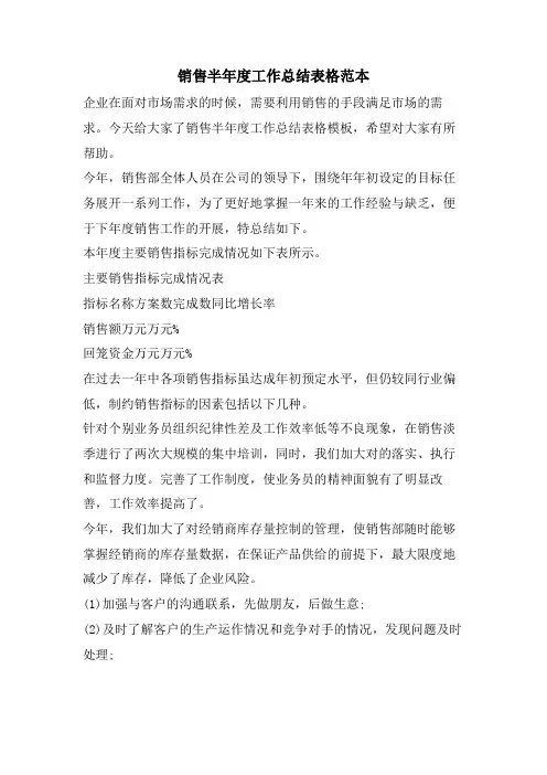 销售半年度工作总结表格范本