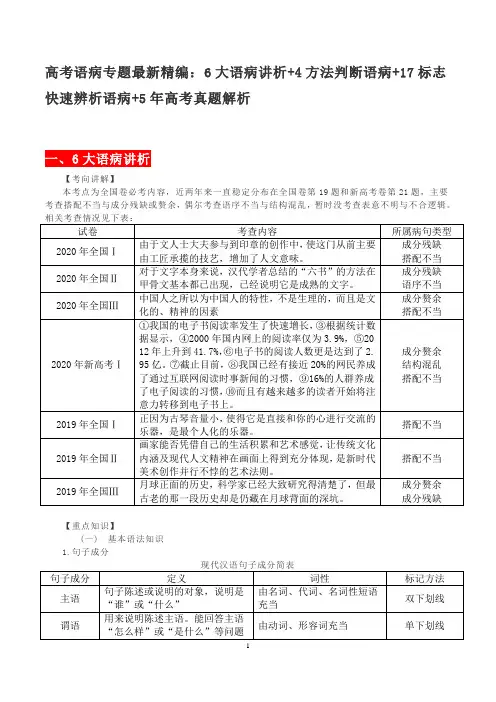 2021届高考语病专题最新精编：6大语病讲析+4方法判断语病+17标志快速辨析语病+5年高考真题解析