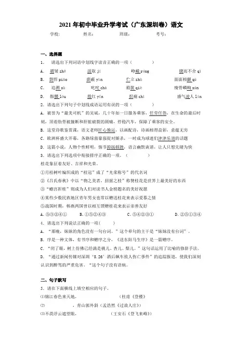 2021年初中毕业升学考试(广东深圳卷)语文(1)