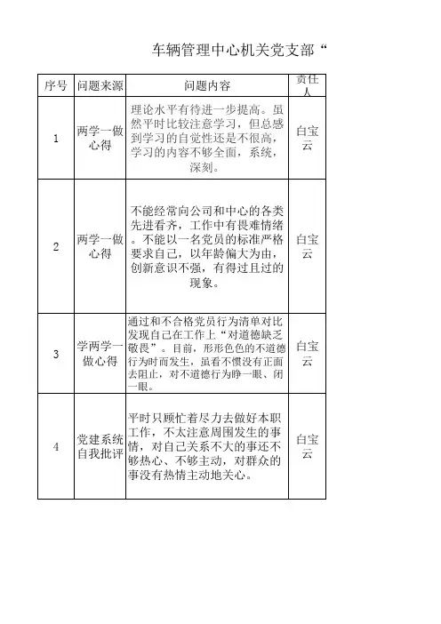 车辆管理中心党委机关党支部“两学一做”学习教育问题清单及整改台账汇总表(模板