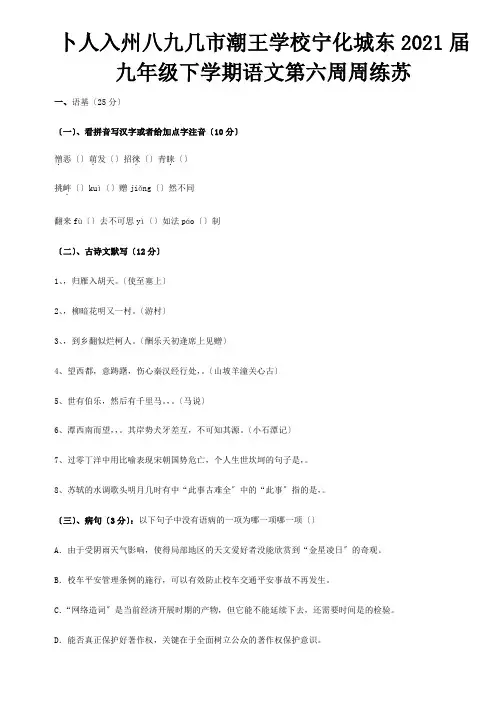 九年级下学期第六周周练  试题