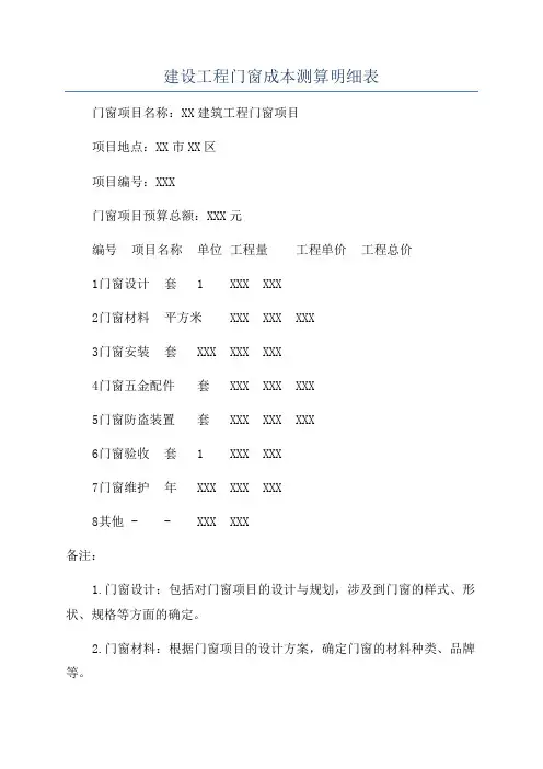 建设工程门窗成本测算明细表