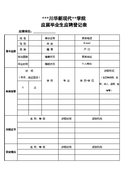 华新现代职业学院应届毕业生应聘登记表【模板】