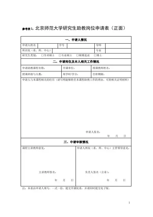 参考表1北京师范大学研究生助教岗位申请表(正面)