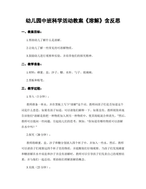 幼儿园中班科学活动教案《溶解》含反思