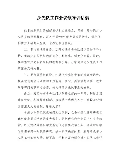 少先队工作会议领导讲话稿