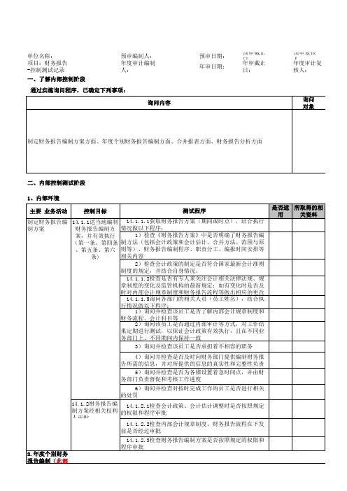 内控审计工作底稿-财务报告