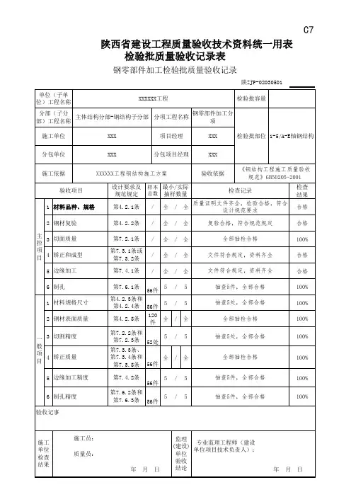 钢零部件加工检验批质量验收记录