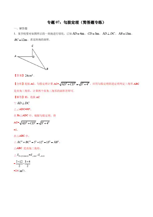 专题07：勾股定理(简答题专练)(解析版)