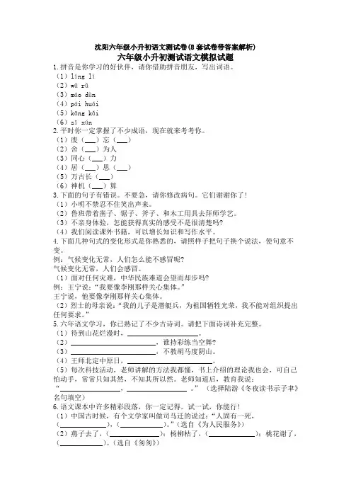 沈阳六年级小升初语文测试卷(8套试卷带答案解析)