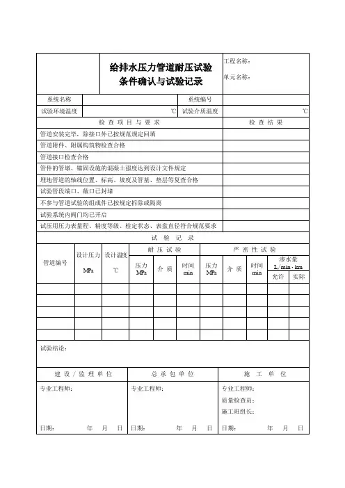 给排水压力管道耐压试验条件确认与试验记录