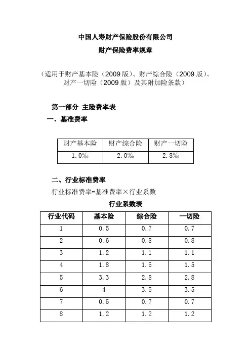 企业财产险费率表