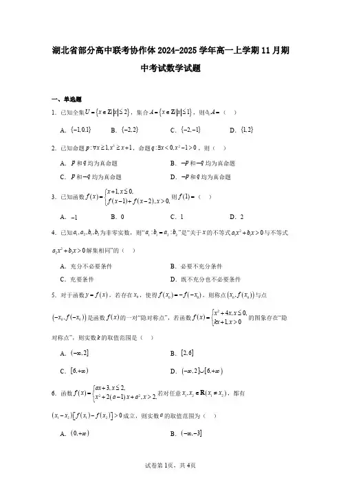 湖北省部分高中联考协作体2024-2025学年高一上学期11月期中考试数学试题