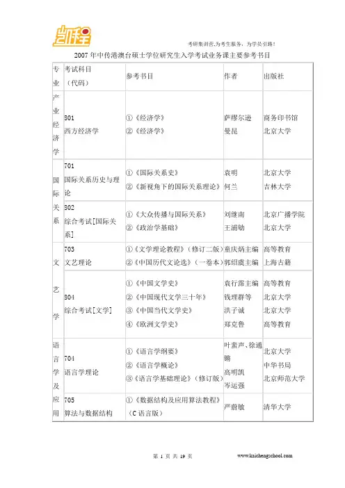 2007年中传港澳台硕士学位研究生入学考试业务课主要参考书目