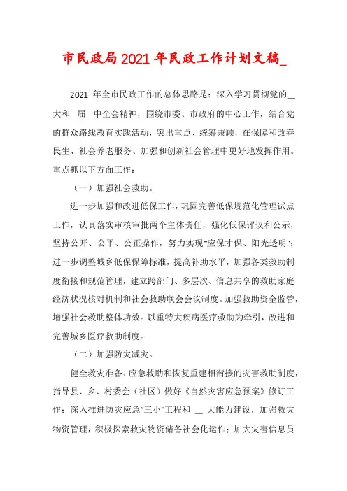 市民政局2021年民政工作计划文稿_