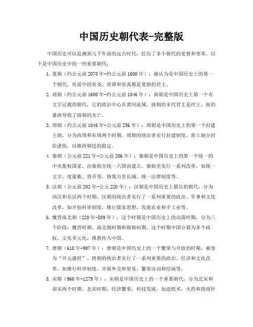 中国历史朝代表完整版