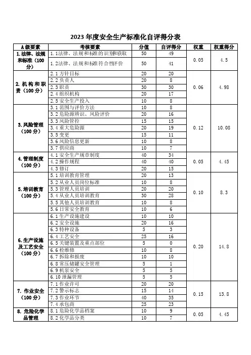 安全生产标准化年度自评得分表
