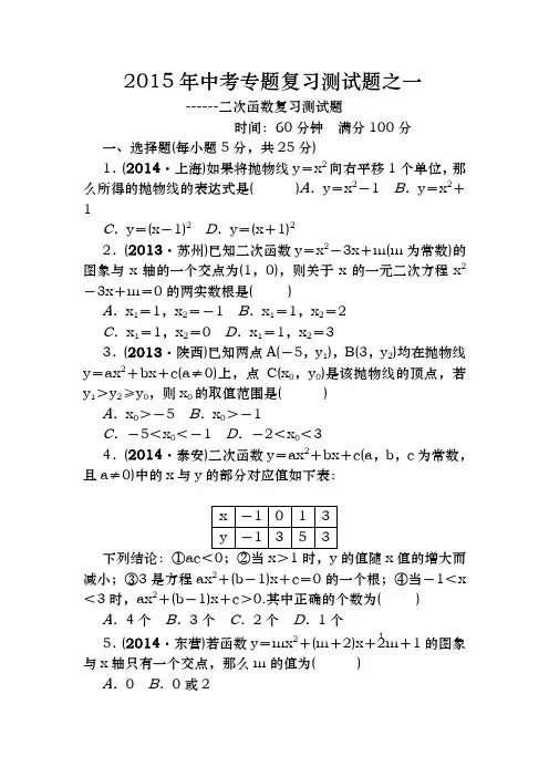 2015年中考专题复习测试题之一---二次函数复习测试题