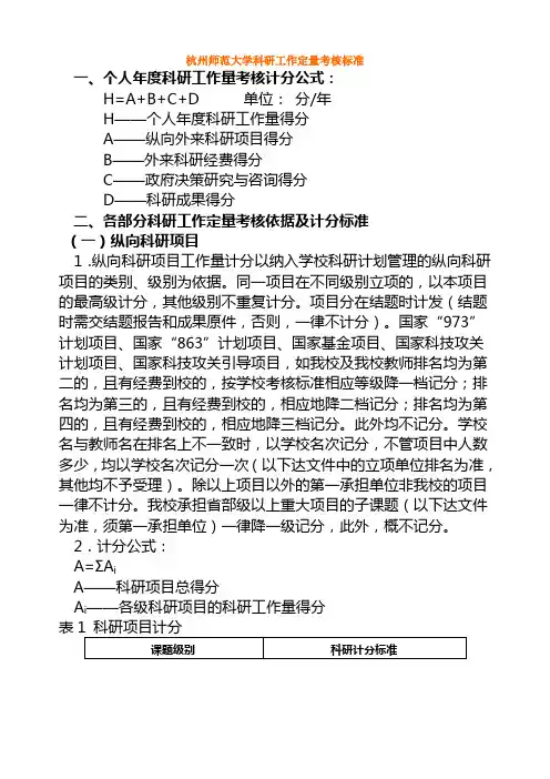 (绩效考核)杭州师范大学科研工作定量考核标准