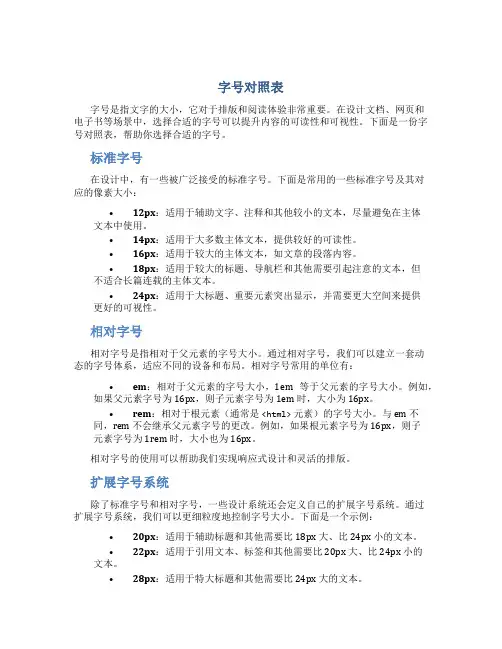 字号对照表