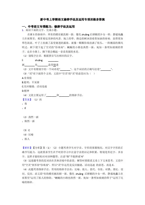 新中考上学期语文修辞手法及运用专项训练含答案