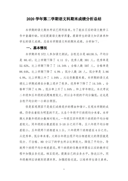 2020学年第二学期语文期末考试成绩分析总结